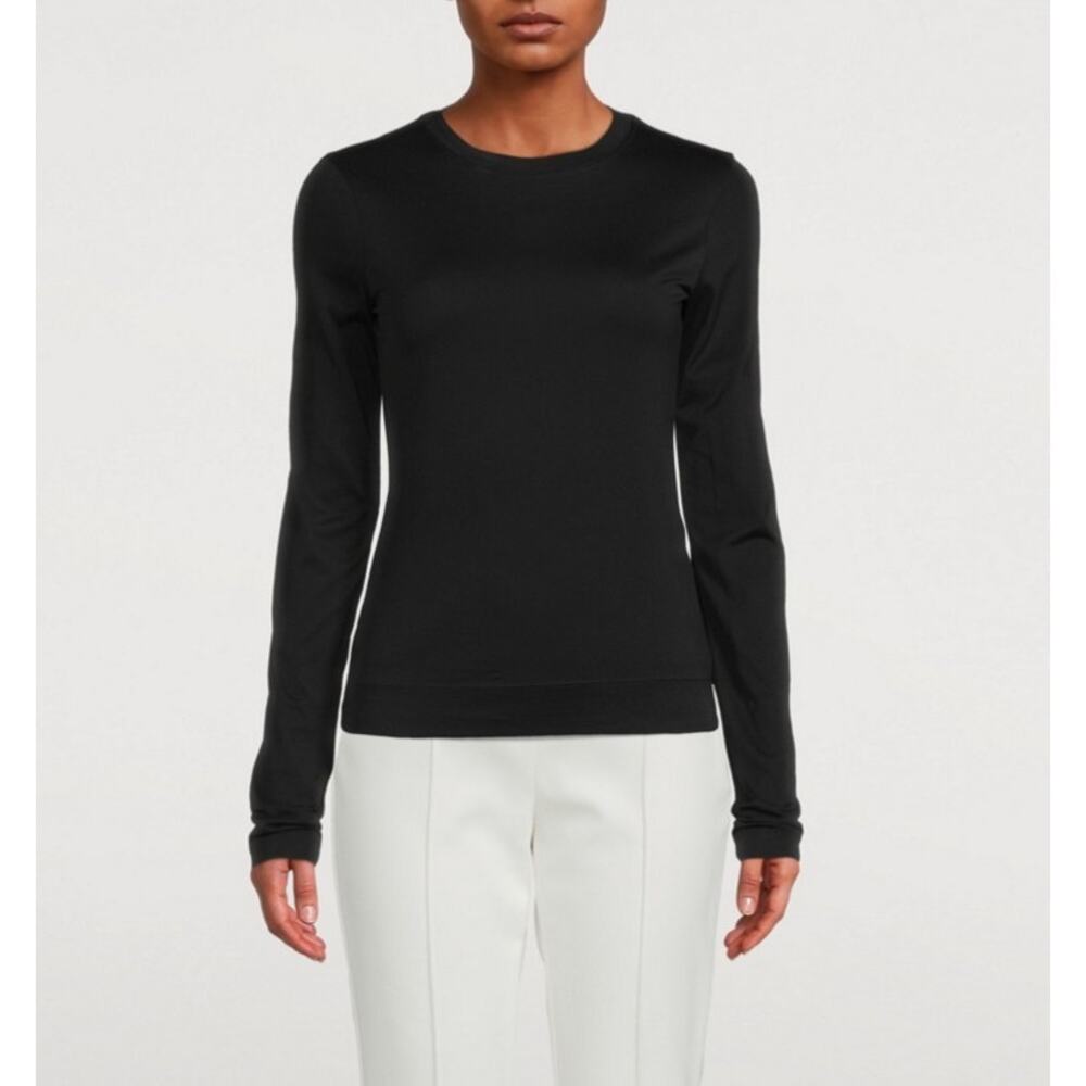 Theory Tiny Tee Long Sleeve Crew Neck Black Rib Knit Top Fitted Medium